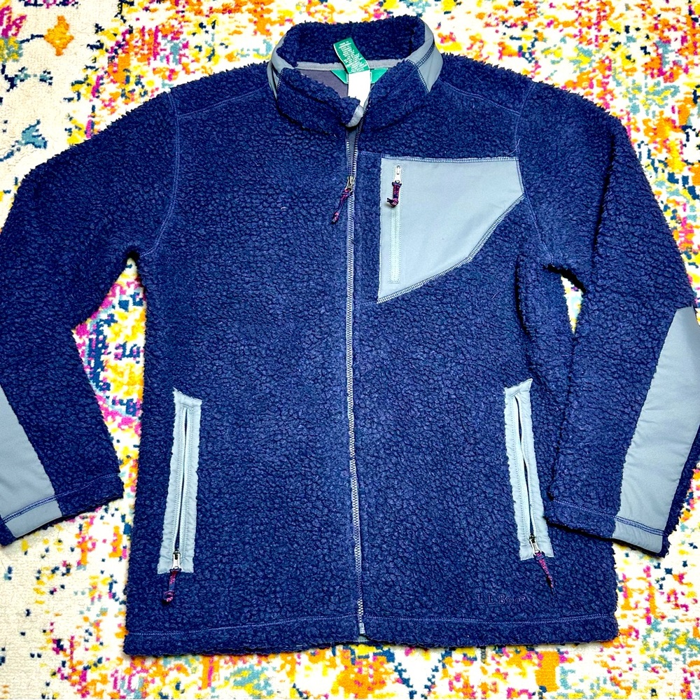 LL Bean Sherpa Shearling Berber Deep Pile Fleece Navy Jacket Boys Kids XL (18)